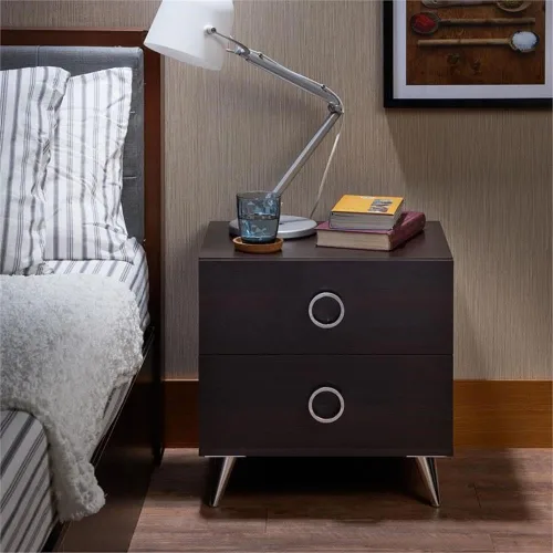 Vista 2 de Acme Elms Mesita de noche de madera de 2 cajones con asas de anillo en color espresso