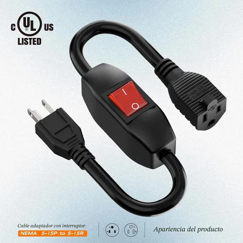 Vista 5 de Cable de extensión de interruptor de encendido/apagado en línea, cables de alimentación conmutables para el hogar de 3 clavijas, resistente 15A