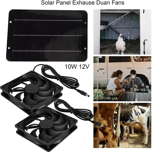 Vista 4 de Kit de ventilador solar, ventilador solar de invernadero de cobertizo, panel solar de 10 W y 2 ventiladores sin escobillas de CC de alta velocidad