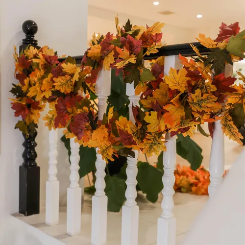 Vista 6 de PARTY JOY 6 guirnaldas de hojas de naranja, guirnalda de Halloween de 5.6 pies, hoja de arce artificial, para colgar en otoño, decoración de Acción