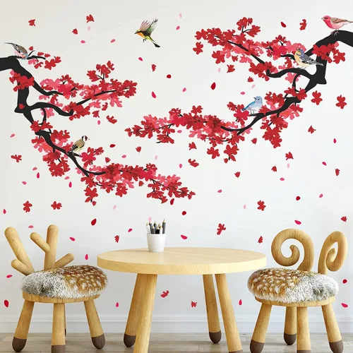 Vista 4 de Adhesivo decorativo para pared de ramas de ciruelo rojo 3D, diseño creativo, pájaros, estilo pastoral, extraíble, despegar y pegar, para niños
