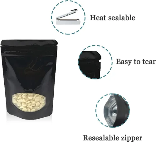 Vista 6 de 100 bolsas de Mylar de pie, bolsa de plástico para ventana para almacenamiento de alimentos, bloqueo de aluminio, bolsa de papel de aluminio