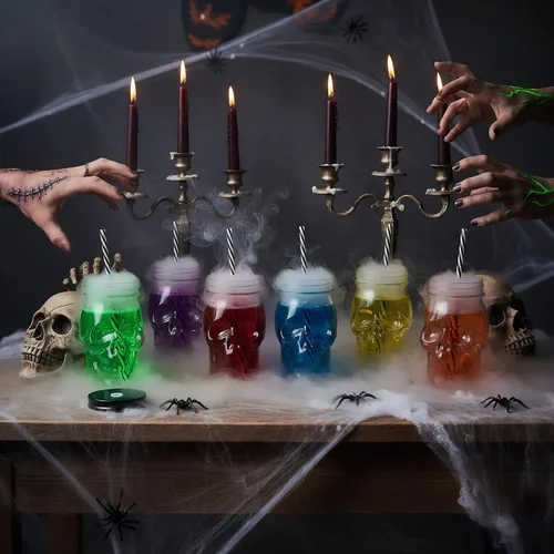 Vista 7 de TOPZEA Paquete de 6 tazas Mason Jars de 16 onzas, tazas de cristal con diseño de calavera, vaso con pajitas, vasos de bebida a la antigua, base