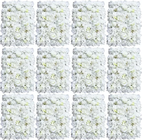 Vista 2 de 12 paneles de pared de flores artificiales, telón de fondo floral de 24 x 16 pulgadas, decoración de pared de flores, panel de pared de flores