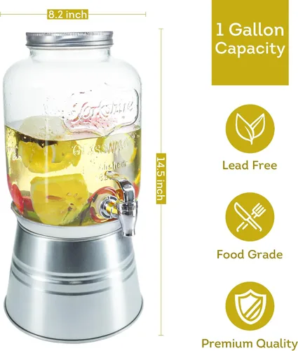 Vista 5 de Lily's Home Dispensador de bebidas de vidrio con soporte, capacidad de 1 galón, grifo fácil de usar, dispensador de bebidas para fiestas/barbacoas