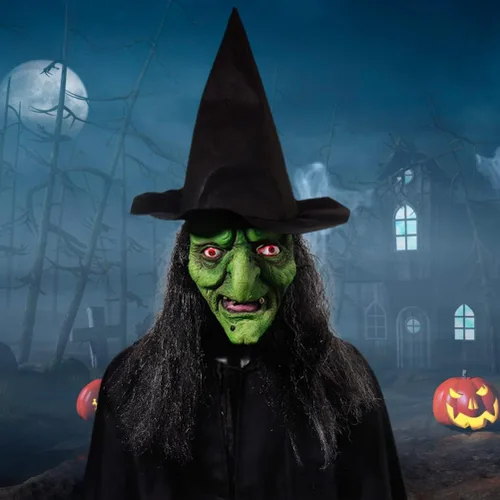 Vista 3 de Máscara facial de bruja de anciana con pelo y sombrero, disfraz de látex para Halloween, espeluznante y aterrador, disfraz de bruja para fiesta