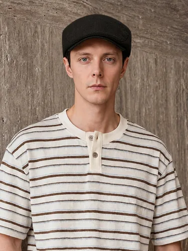 Vista 2 de Gorra de lino sintético para hombre, diseño de periódico con textura tejida ajustable Negro