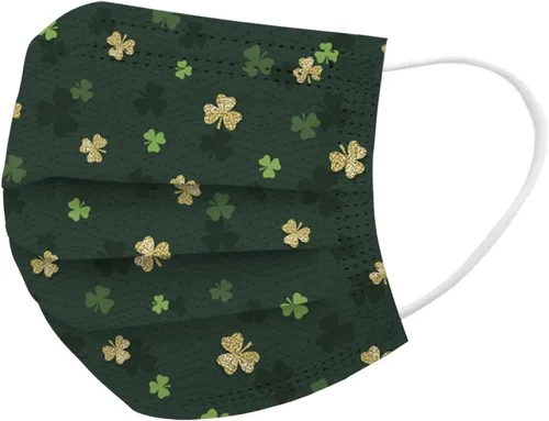 Vista 3 de 10 máscaras faciales desechables para adultos del día de San Patricio, trébol verde con lazo para las orejas, transpirables, para vacaciones