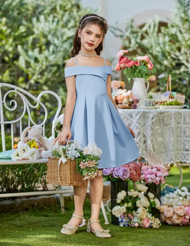 Vista 2 de Arshiner Vestido de verano para niñas con hombros descubiertos, plisado, formal, elegante Azul