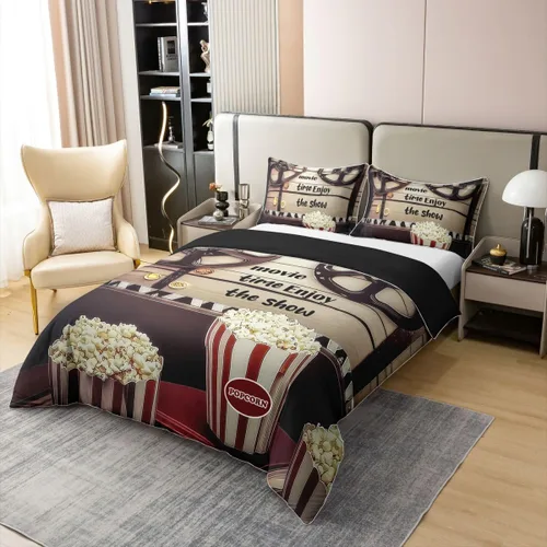 Vista 3 de Homewish Theater Cinema Poster 100% Cotton Duvet Cover Twin Size,Retro Movie Bedding Set 2Pcs for Kids Girls Boys Room Decor,Popcorn Comforter Cover