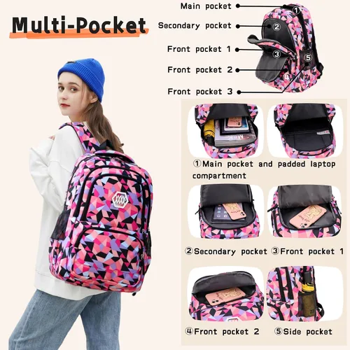 Vista 4 de Bansusu - Mochila para estudiantes, diseño geométrico, escuela primaria, para niñas, Púrpura-A), unknown