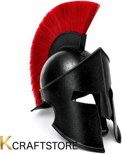 Vista 3 de Spartan Warrior Helmet with Red Plume Crest, Black Finish
