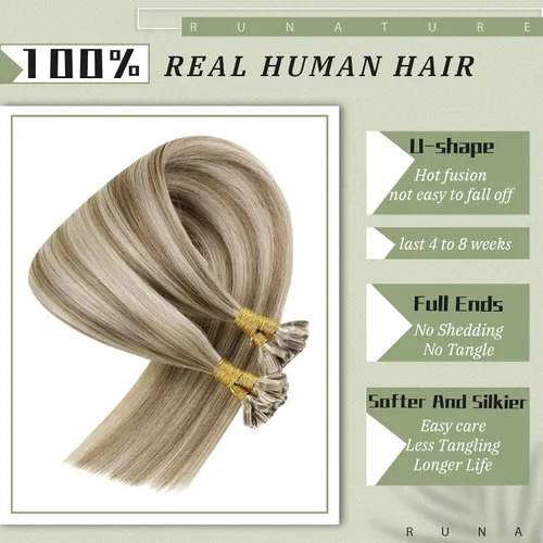 Vista 3 de RUNATURE Extensiones de cabello humano con punta en U, color marrón ceniza a rubio platino