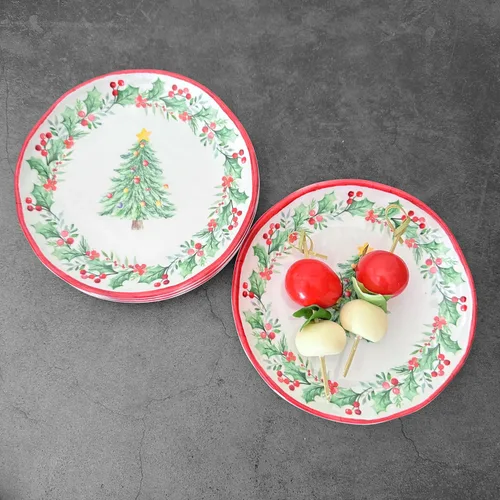 Vista 5 de UP UPware Platos Redondos de Melamina con Árbol de Navidad para Postres, Platos Pequeños de Servicio, Decoraciones de Navidad, para Aperitivos