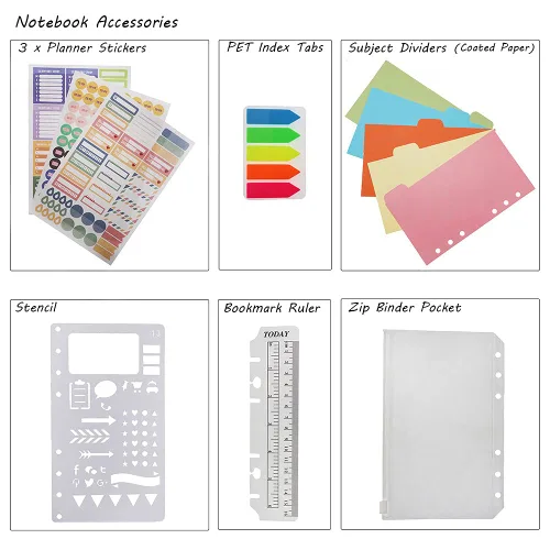 Vista 17 de HXRTANGS A5 Refillable Notebook, Ring Binder Journal Personal Organizer with Lined Paper + Planner Stickers + Subject Dividers + Index Tabs +