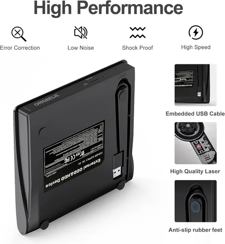 Vista 7 de ORIGBELIE Unidad externa de CD/DVD para portátil, grabadora de CD USB 3.0, unidad de DVD externa, reproductor de DVD portátil para computadora