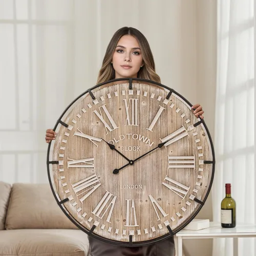Vista 8 de Reloj de pared Grand Farmhouse de 20 pulgadas, diseño de madera y metal de inspiración vintage con grandes números grabados, reloj silencioso
