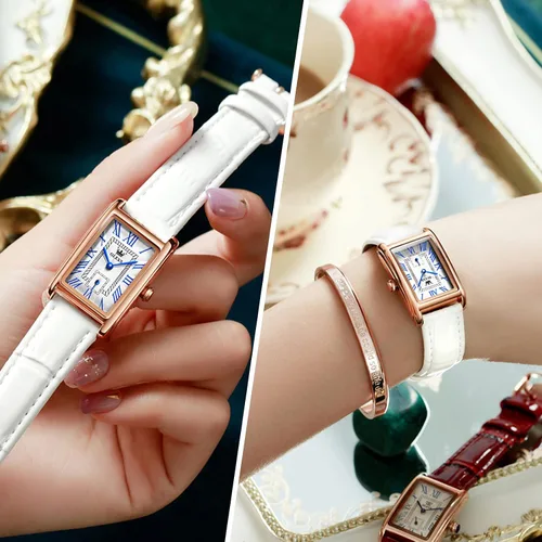Vista 5 de RORIOS Reloj de cuarzo impermeable para mujer, con correa de cuero auténtico, números romanos, reloj de pulsera de moda para damas y niñas