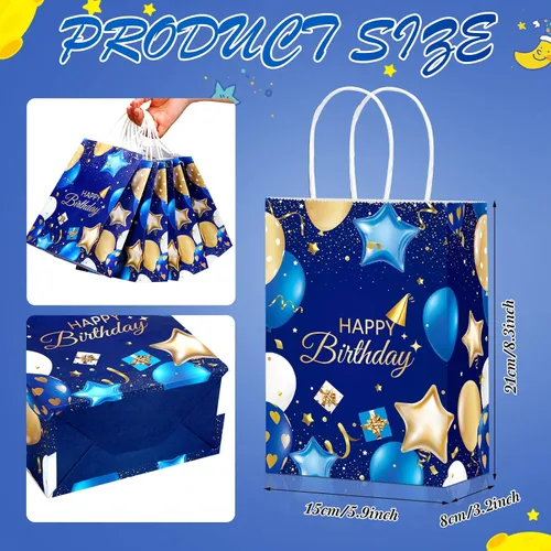 Vista 2 de Frienda 24 bolsas de regalo de cumpleaños con asas, color azul marino y dorado, bolsas de regalo de feliz cumpleaños para hombres y mujeres
