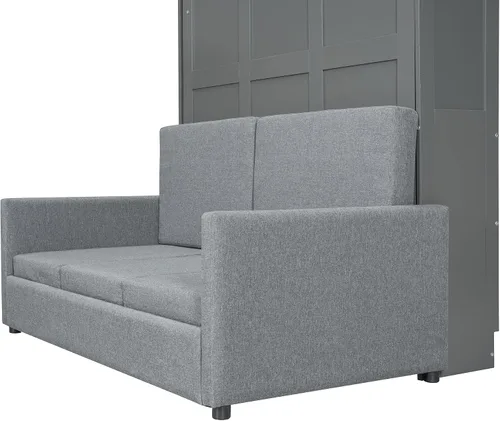 Vista 9 de Cama Murphy de tamaño completo, cama Murphy de madera con cojín, cama de pared con sofá para oficina en casa o habitación pequeña, gris