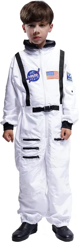 Vista 3 de Maxim Party Supplies Disfraz de astronauta para niños, traje espacial con parches bordados y bolsillos para niños, niños pequeños (18, meses blanco)