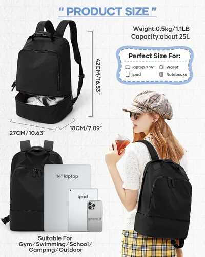 Vista 3 de Mochila de gimnasio negra para mujeres y hombres, bolsa impermeable para pista de gimnasio con compartimento expandible para zapatos, ligera, mini