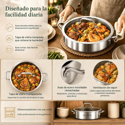 Vista 7 de DELARLO Sartén de tres capas de acero inoxidable de 10 pulgadas Sartén de freír profunda de 3QT con tapa Sartén de saltear con tapa Compatible