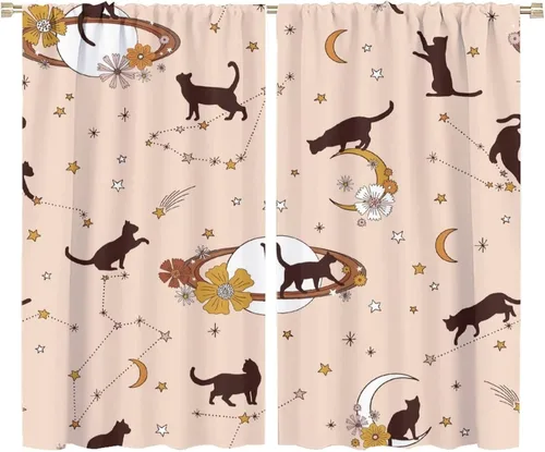Vista 54 de Cortinas de estilo de mediados de siglo, diseño geométrico abstracto moderno, diseño retro, estampado de gato negro, para dormitorio, sala de estar