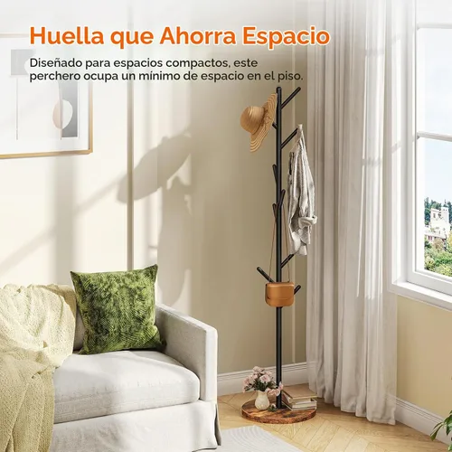 Vista 2 de HOOBRO Perchero con 9 ganchos, perchero de metal independiente con base de madera, árbol de pasillo resistente para entrada, soporte de perchero que