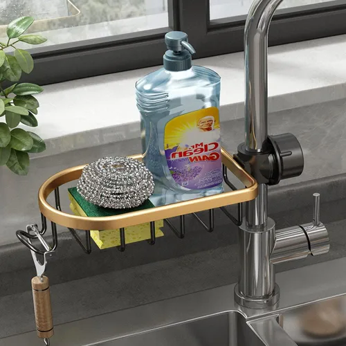Vista 9 de Soporte de esponja para grifo, organizador para fregadero de cocina, bandeja colgante para drenaje de 1.8-2.8 cm de diámetro, organizador para Dorado