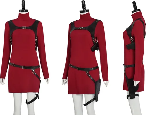 Vista 2 de Paroiluse Disfraz de Ada Wong para adultos, disfraz de Ada Wong rojo, sexy, peluca Cheongsam para vestido de Halloween