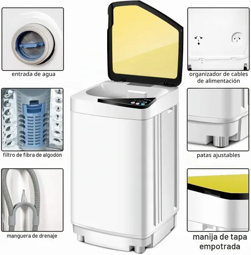 Vista 4 de Mini lavadoras portátiles completamente automáticas, capacidad de carga de 7.7 libras, con luz giratoria y barril integrada para dormitorios