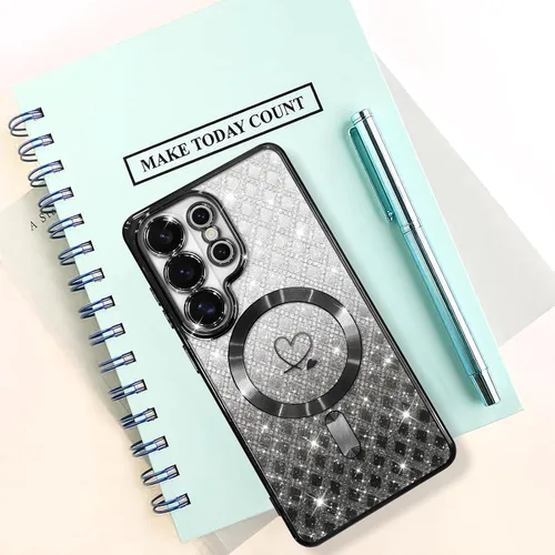 Vista 680 de Bonoma - Funda compatible con Samsung Galaxy S21 Plus, diseño de corazón con purpurina, color rosa Support for MagSafe, Plating Magnetic Case TPU