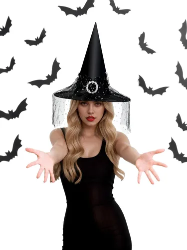 Vista 4 de Edoneery Sombrero de bruja de Halloween para mujer, encaje de malla, accesorio de disfraz de mago para fiestas de cosplay