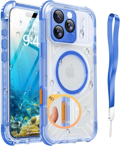Vista 8 de Funda impermeable para iPhone 15 con Magsafe, protector de pantalla, cordón, IP68 militar de cuerpo completo a prueba de golpes, para deportes Negro