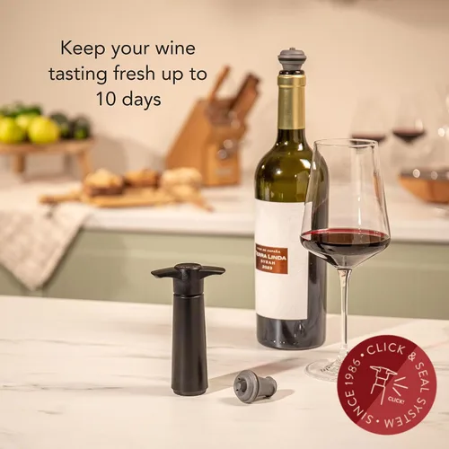 Vista 2 de Vacu Vin Conservador de Vino Original con 1 Tapón de Botella al Vacío – Bomba Conservadora de Vino de Color Negro para Vino Tinto o Blanco – Sistema