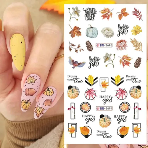 Vista 9 de 500 patrones de calcomanías de uñas de otoño para mujer, calcomanías de agua de dibujos animados, calabaza, hongo, hoja de arce, calcomanías