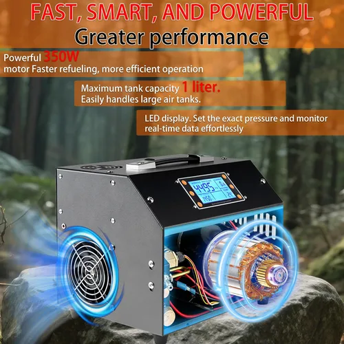 Vista 2 de TUXING Compresor de Aire PCP, Versión con Pantalla LCD, Parada Automática 4500Psi/30Mpa, Sin Aceite/Agua, Bomba con Transformador/Sistema de Drenaje