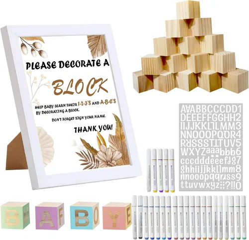 Vista 8 de Kit de decoración de bloques de madera para baby shower, juego de manualidades con temática de abeja 45 cubos de madera en blanco y 24 pinturas