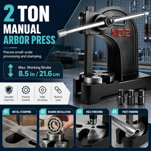 Vista 3 de 2 Ton Arbor Press, Heavy-Duty Manual Desktop Press, 8.5in Work Height, Hand Wheel Arbor Press with Reversible Ram & Removable Anvil, Cast Iron