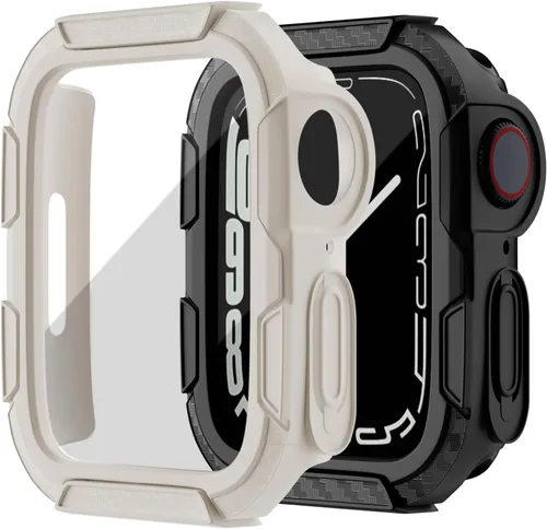 Vista 10 de EDIMENS Paquete de 2 fundas resistentes compatibles con Apple Watch de 1.772 pulgadas Series 9/8/7 con protector de pantalla de vidrio templado