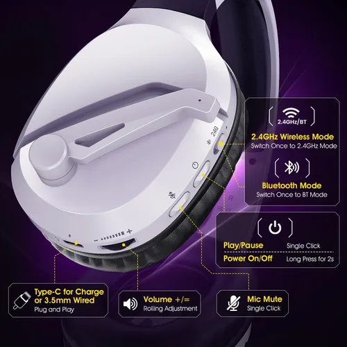 Vista 8 de Wireless Gaming Headset with Noise Canceling Microphone for PS5, PC, PS4, 2.4GBluetooth Gaming Headphones with USB and Type-c Connector, Wired Mode