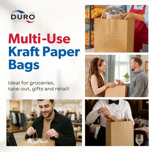 Vista 4 de DURO Bolsas de regalo de papel marrón de 10 x 6.75 x 12 pulgadas con asas, bolsas de compras de papel kraft reciclado con asas a granel