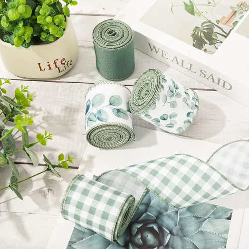 Vista 4 de AnyDesign 4 rollos de cinta de eucalipto con borde con alambre de 24 yardas, cinta decorativa de hojas verdes, cintas de tela para primavera