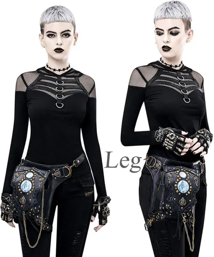 Vista 3 de Riñonera gótica de cuero steampunk con cadena bolsa cruzada para el hombro bolsa de cadera Negro