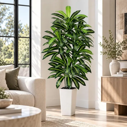 Vista 19 de Árbol de Dracaena artificial rojo de 6 pies, plantas falsas altas Hoja blanco-roja