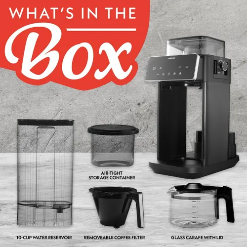 Vista 4 de Gourmia Cafetera de 10 tazas para moler y preparar - Molinillo de rebabas integrado, 3 fuerzas de preparación, pantalla digital programable, pausa