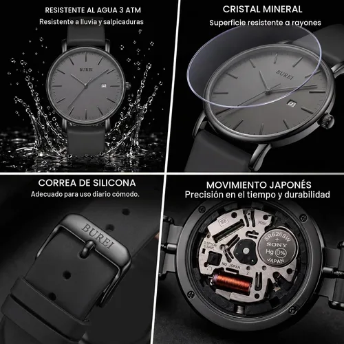 Vista 5 de BUREI Relojes de pulsera para hombre, relojes minimalistas de moda, analógicos de cuarzo, impermeables para hombres Banda negra negra