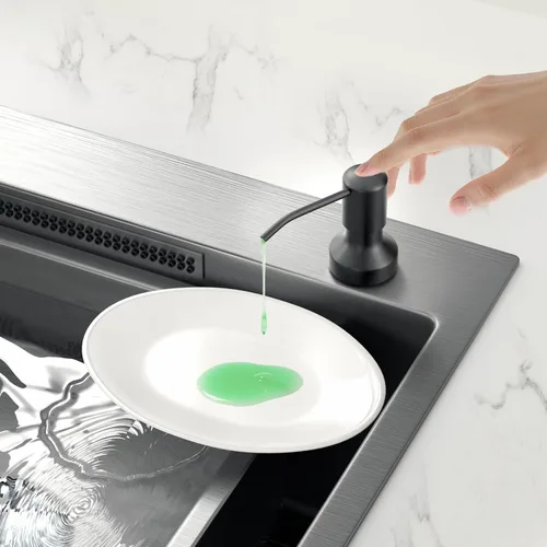 Vista 8 de Dispensador de jabón para fregadero de cocina, dispensador de jabón para fregadero de cocina con botella de 17 oz, recarga desde la parte superior