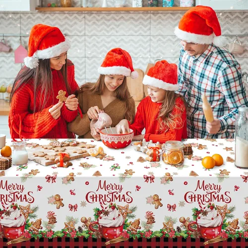 Vista 6 de 3 piezas de manteles de fiesta Feliz Navidad a cuadros de búfalo de pan de jengibre, cubierta de mesa rectangular de plástico rojo y negro a cuadros